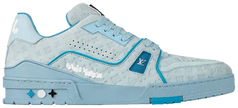 Tyler, the Creator x Louis Vuitton Trainer 'Blue' 2024 sneaker with pastel blue nubuck upper, embossed Monogram, handwritten branding, and rubber cupsole.

