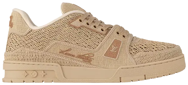 Pharrell Williams x Louis Vuitton Trainer 'Raffia' 2024 beige woven raffia low-top sneaker with tonal sole and handwritten LV branding.