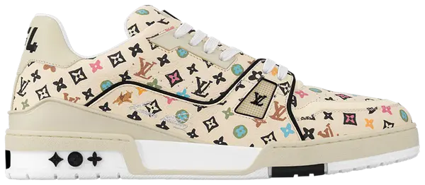 Tyler, the Creator x Louis Vuitton Trainer 'Beige Multi-Color Monogram' 2024 in beige leather with multicolor monogram detailing and hand-lettered branding.
