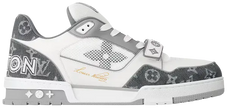 Louis Vuitton Trainer 'Velcro Strap - Grey Monogram Denim' 2024 sneaker featuring grey leather, Monogram denim overlays, and midfoot Velcro strap.
