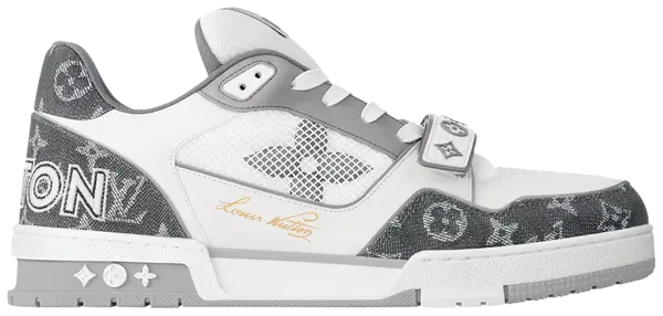 Louis Vuitton Trainer 'Velcro Strap - Grey Monogram Denim' 2024 sneaker featuring grey leather, Monogram denim overlays, and midfoot Velcro strap.
