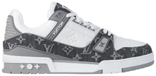 Louis Vuitton Trainer 'Monogram Denim - Grey' 2024 sneaker in grey leather with tonal monogram denim panels and rubber outsole detailing.

