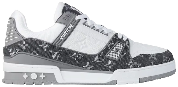 Louis Vuitton Trainer 'Monogram Denim - Grey' 2024 sneaker in grey leather with tonal monogram denim panels and rubber outsole detailing.

