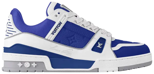 Louis Vuitton Trainer 'Gaston Blue' 2024 low-top sneaker in premium blue leather with monogram embossing and tonal rubber sole.

