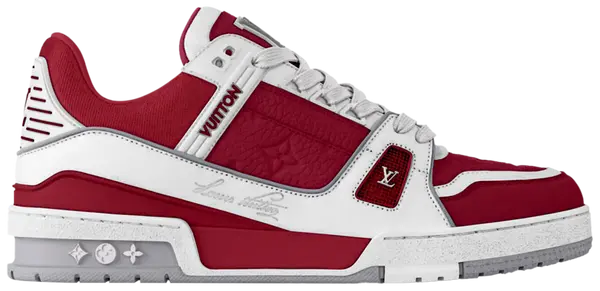 Louis Vuitton Trainer 'Sari Red' 2024 all-red leather low-top sneaker with monogram floral embossing and tonal rubber sole.