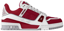 Louis Vuitton Trainer 'Sari Red' 2024 all-red leather low-top sneaker with monogram floral embossing and tonal rubber sole.