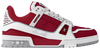 Louis Vuitton Trainer 'Sari Red' 2024 all-red leather low-top sneaker with monogram floral embossing and tonal rubber sole.