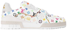 Takashi Murakami x Louis Vuitton Wmns Trainer 'White' 2025 sneaker featuring multicolor monogram print, white leather upper, and gold #54 heel accent.

