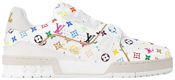 Takashi Murakami x Louis Vuitton Wmns Trainer 'White' 2025 sneaker featuring multicolor monogram print, white leather upper, and gold #54 heel accent.

