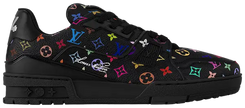 Takashi Murakami x Louis Vuitton Wmns Trainer 'Black' 2025 sneaker with black leather upper, multicolor monogram print, and silver #54 heel detail.

