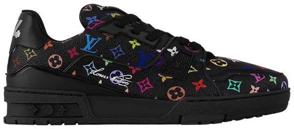 Takashi Murakami x Louis Vuitton Wmns Trainer 'Black' 2025 sneaker with black leather upper, multicolor monogram print, and silver #54 heel detail.

