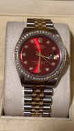 Pre-Owned Rolex 36MM Two-Tone YG-SS – Red Dial with 1ct Diamond Accents, Cutom Damiond Dial and Jubilee 18K Gold Bracelet (Model 1601)