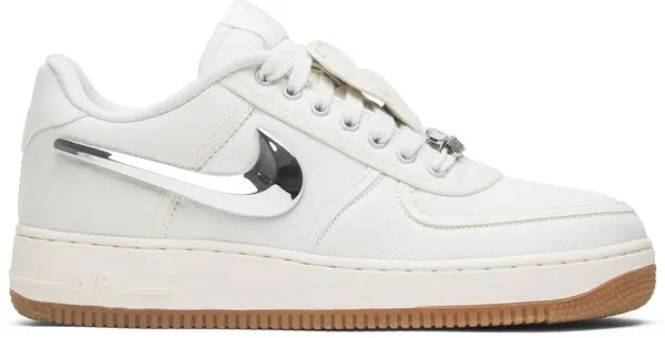 Travis Scott x Nike Air Force 1 'Sail' with canvas upper, removable Swooshes, metallic lace dubraes, and gum sole.
