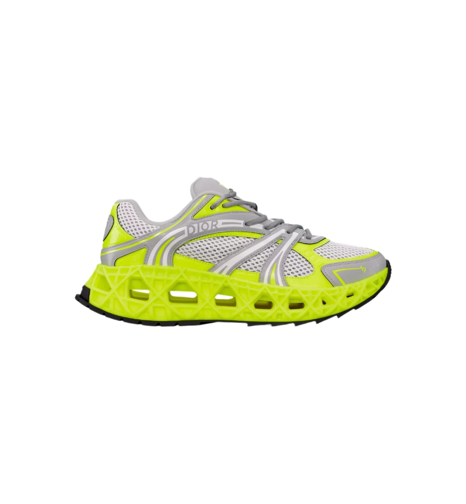 Dior B35 NXXT Sneaker in Neon Yellow and Light Gray with Cannage sole and technical mesh upper, limited edition of 888 pairs.

