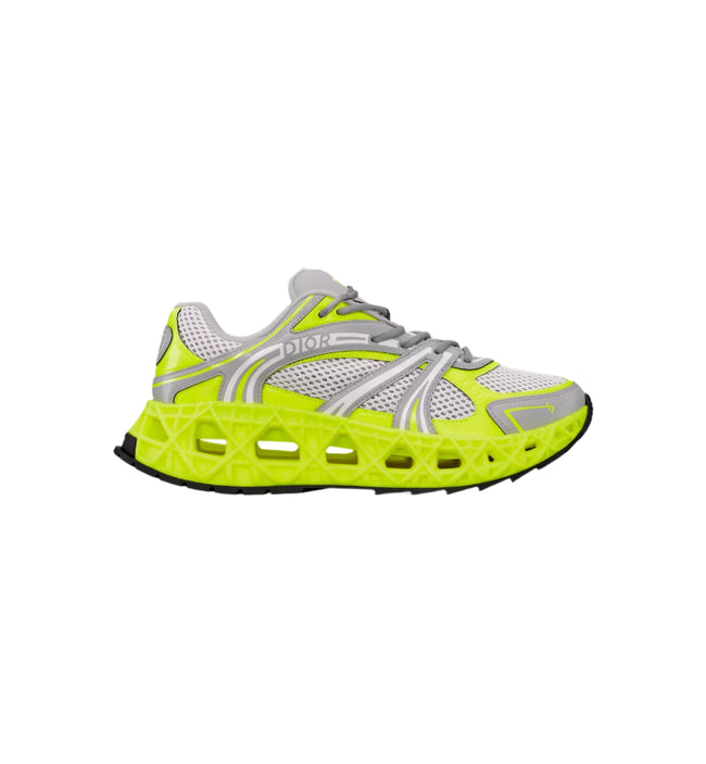 Dior B35 NXXT Sneaker in Neon Yellow and Light Gray with Cannage sole and technical mesh upper, limited edition of 888 pairs.

