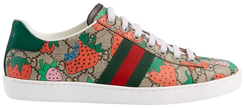 Gucci Wmns Ace 'Strawberry Beige' sneaker in GG Supreme canvas with red strawberry print and white rubber sole.
