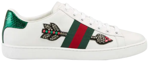 Gucci Wmns Ace Embroidered 'Arrow' in white leather with beaded arrow detail, Web stripe, and red and green metallic snakeskin heel tabs.