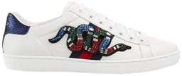 Gucci Wmns Ace sneaker in white leather with Kingsnake embroidery across green-red Web stripes and metallic heel tabs.