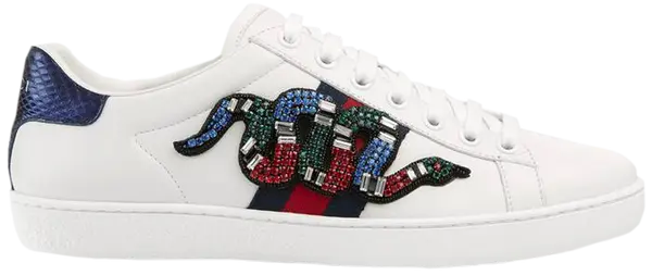 Gucci Wmns Ace sneaker in white leather with Kingsnake embroidery across green-red Web stripes and metallic heel tabs.