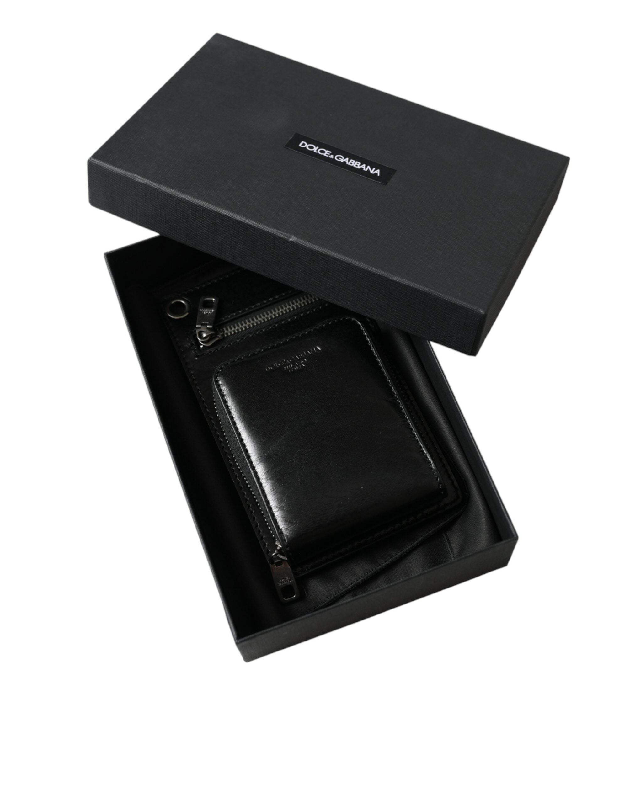 Dolce & Gabbana Black Calf Leather Zip Logo Shoulder Neck Strap Wallet