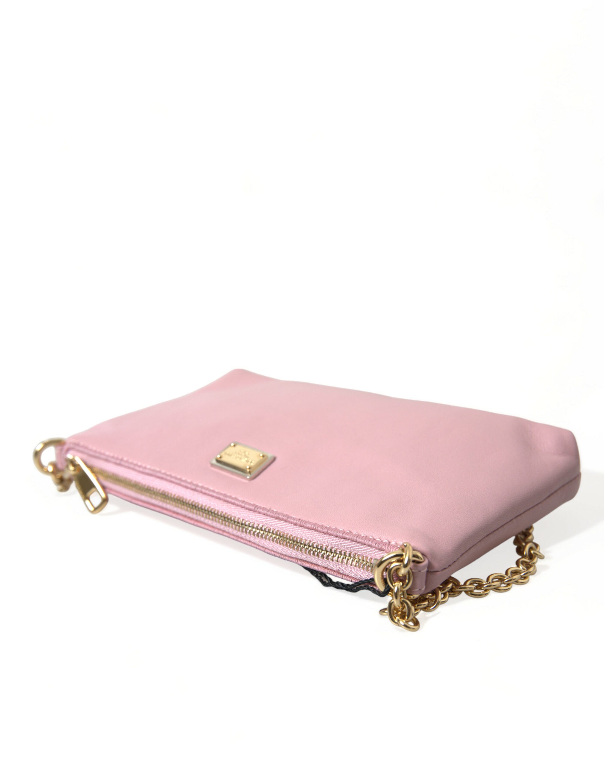 Dolce & Gabbana Elegant Pink Leather Pouch Clutch with Floral Embroidery
