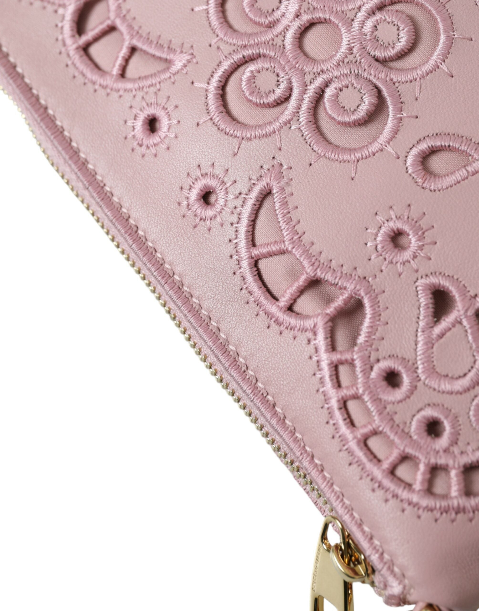 Dolce & Gabbana Elegant Pink Leather Pouch Clutch with Floral Embroidery