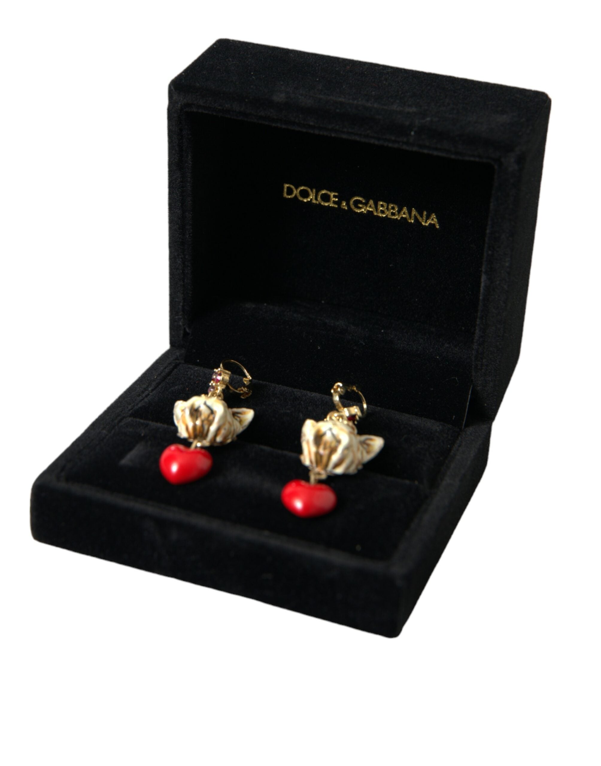 Dolce & Gabbana Gold Brass Heart Dog Red Crystal Dangling Earrings