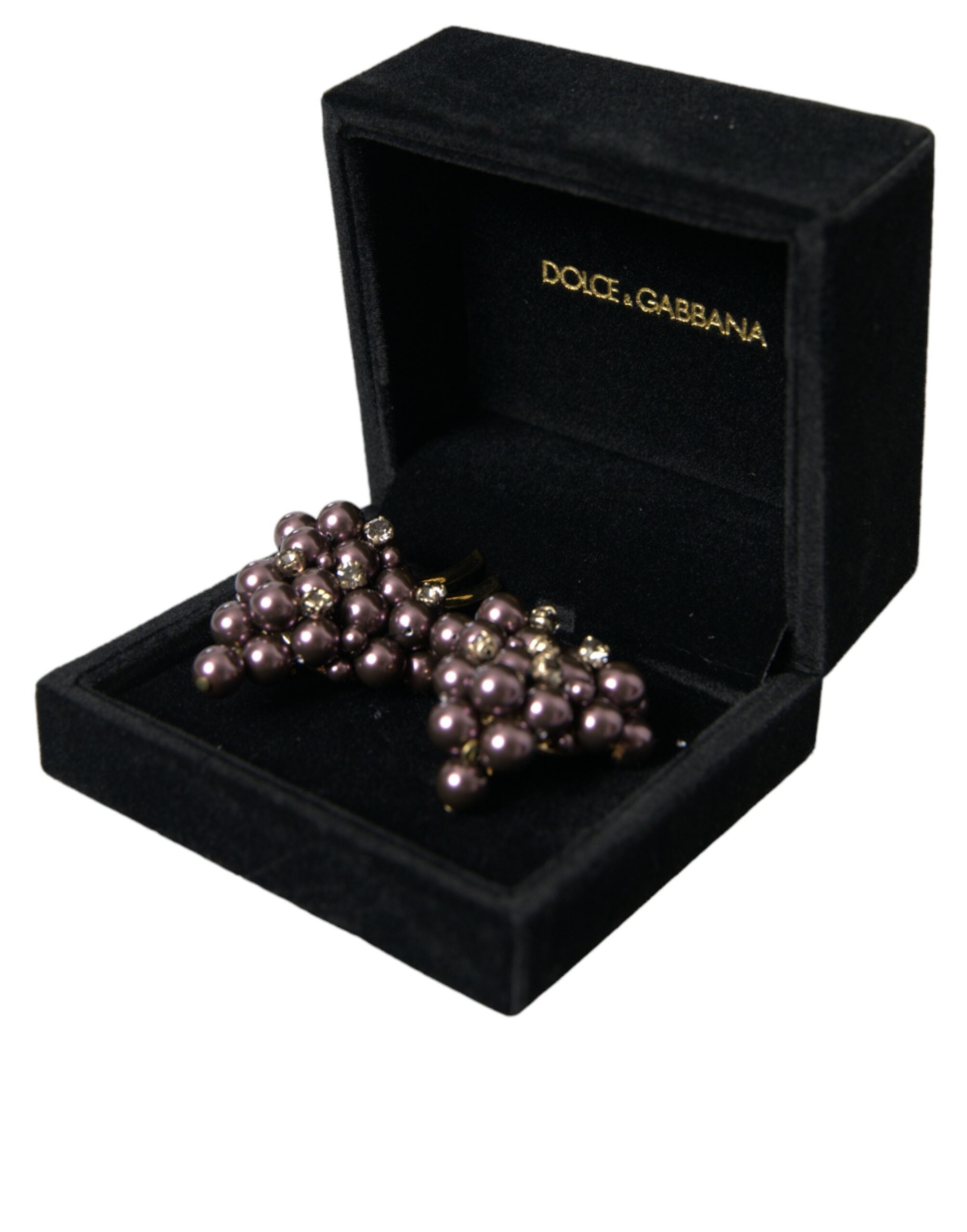 Dolce & Gabbana Purple Grape Pearl Sicily Gold Brass Floral Clip On Earrings
