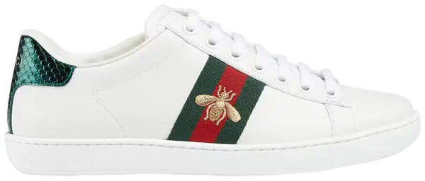 Gucci Wmns Ace Embroidered 'Bee' 2021 sneaker in white leather with Web stripe and gold bee embroidery on the side.