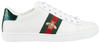 Gucci Wmns Ace Embroidered 'Bee' 2021 sneaker in white leather with Web stripe and gold bee embroidery on the side.
