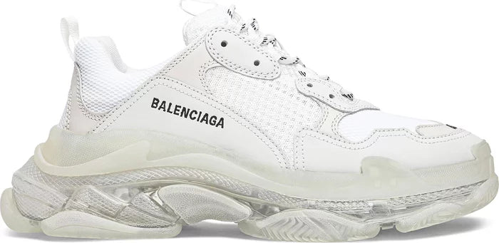 Side view of the Balenciaga Wmns Triple S showcasing the clear layered sole and distressed design.