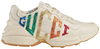 Gucci Wmns Rhyton sneaker in Mystic White leather with glitter Gucci logo and chunky sole.

