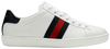 Gucci Wmns Ace 'White Blue Red' sneaker in white leather with red and blue Web stripe and metallic heel tabs.