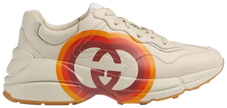 Gucci Wmns Rhyton 'Interlocking G and Hearts' sneaker in white leather with interlocking G logo and red heart graphic on side, chunky rubber sole.


