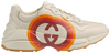 Gucci Wmns Rhyton 'Interlocking G and Hearts' sneaker in white leather with interlocking G logo and red heart graphic on side, chunky rubber sole.

