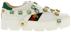 Gucci Wmns Ace Platform White Gems white leather sneaker with jeweled midsole, green and red Web stripes, and elevated platform sole.