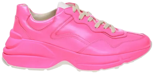 Gucci Wmns Rhyton 'Fluorescent Pink' sneaker in vibrant pink leather with chunky tonal sole.

