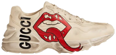 Gucci Wmns Rhyton sneaker in ivory leather with red mouth print graphic and chunky sole.

