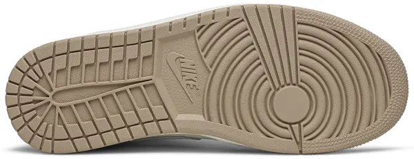 Air Jordan 1 Mid 'Milan' sneaker featuring beige suede and leather upper with MLN hangtag and Air cushioning.