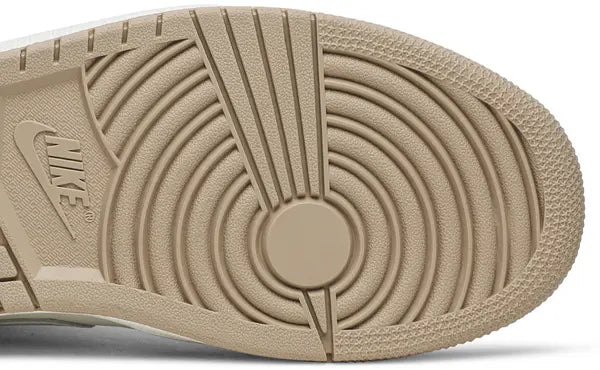 Air Jordan 1 Mid 'Milan' sneaker featuring beige suede and leather upper with MLN hangtag and Air cushioning.