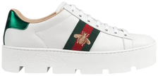 Gucci Wmns Ace Embroidered Platform 'White' sneaker with bee-embroidered Web stripe and elevated sole.

