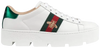 Gucci Wmns Ace Embroidered Platform 'White' sneaker with bee-embroidered Web stripe and elevated sole.
