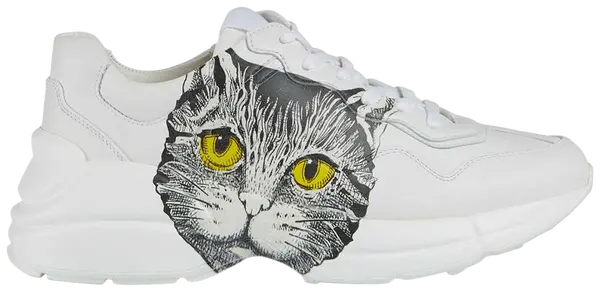 Gucci Wmns Rhyton 'Mystic Cat - White' sneaker featuring vintage cat graphic on smooth white leather with a chunky sole.

