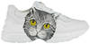 Gucci Wmns Rhyton 'Mystic Cat - White' sneaker featuring vintage cat graphic on smooth white leather with a chunky sole.

