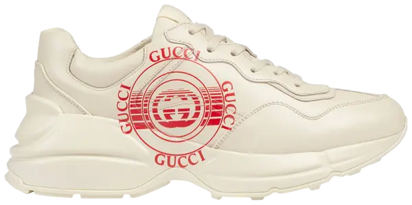 Gucci Wmns Rhyton 'Gucci Disk Print - Ivory' in cream leather with red vintage disk graphic.

