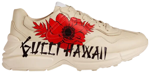 Gucci Wmns Rhyton 'Gucci Hawaii Poppy Print' in ivory leather with vivid red floral graphic.

