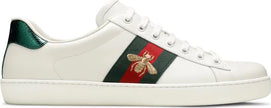 Gucci Ace Embroidered 'Bee' sneaker in white leather with red and green Web stripe and gold bee embroidery.