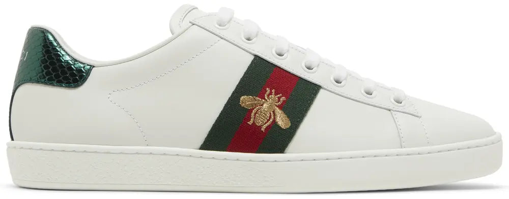 Gucci Wmns Ace Embroidered 'Bee' sneaker in white leather with green-red Web stripe and gold bee embroidery.
