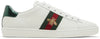 Gucci Wmns Ace Embroidered 'Bee' sneaker in white leather with green-red Web stripe and gold bee embroidery.