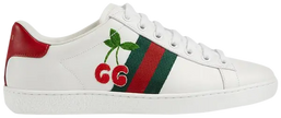 Gucci Wmns Ace GG sneaker in white leather with green-red Web stripe and cherry embroidery.

